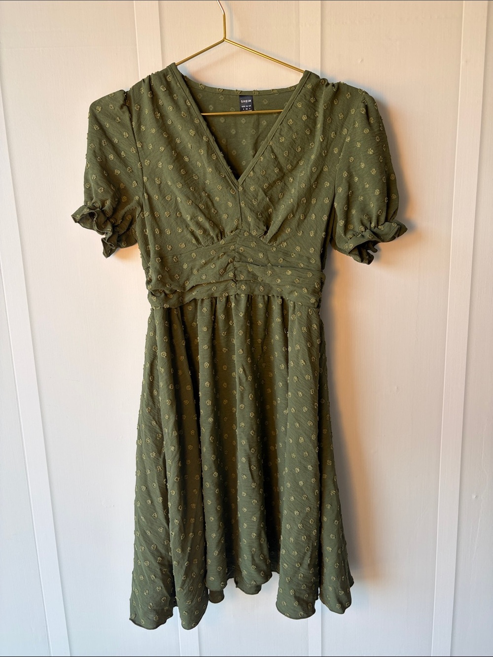 SHEIN Olive Green V‑Neck Empire Waist Mini Dress